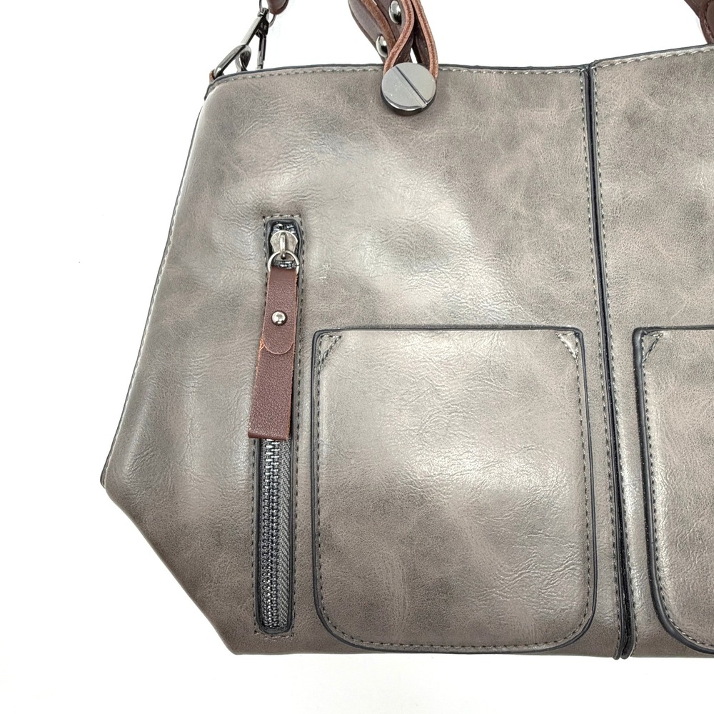 Gray Leather Tote Bag Brown Strap Large Zip Pocket Shoulder Bag - Picture 2 of 15